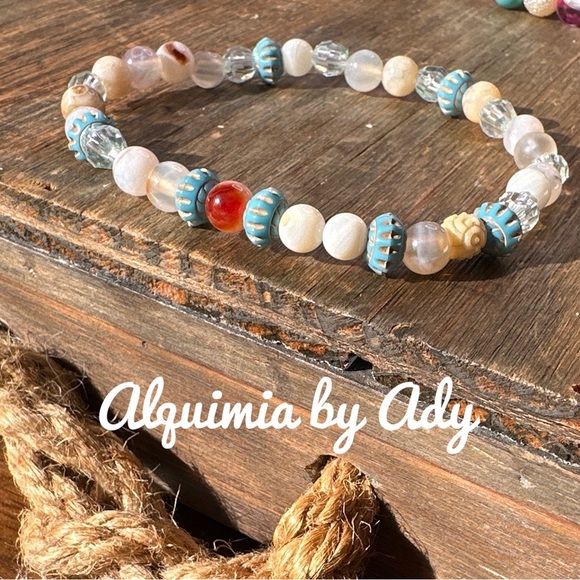 Flower agate dainty beaded bracelet/heart chakra bracelet/dainty bohemian - Picture 1 of 6